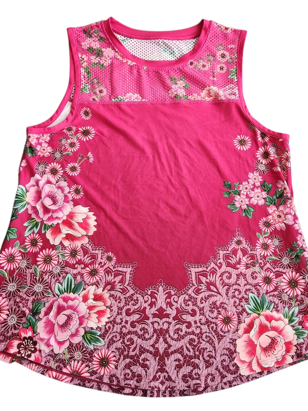 Johnny Was Bee Active Mesh High Low Tank Top L Pink Floral Athletic Gym Golf